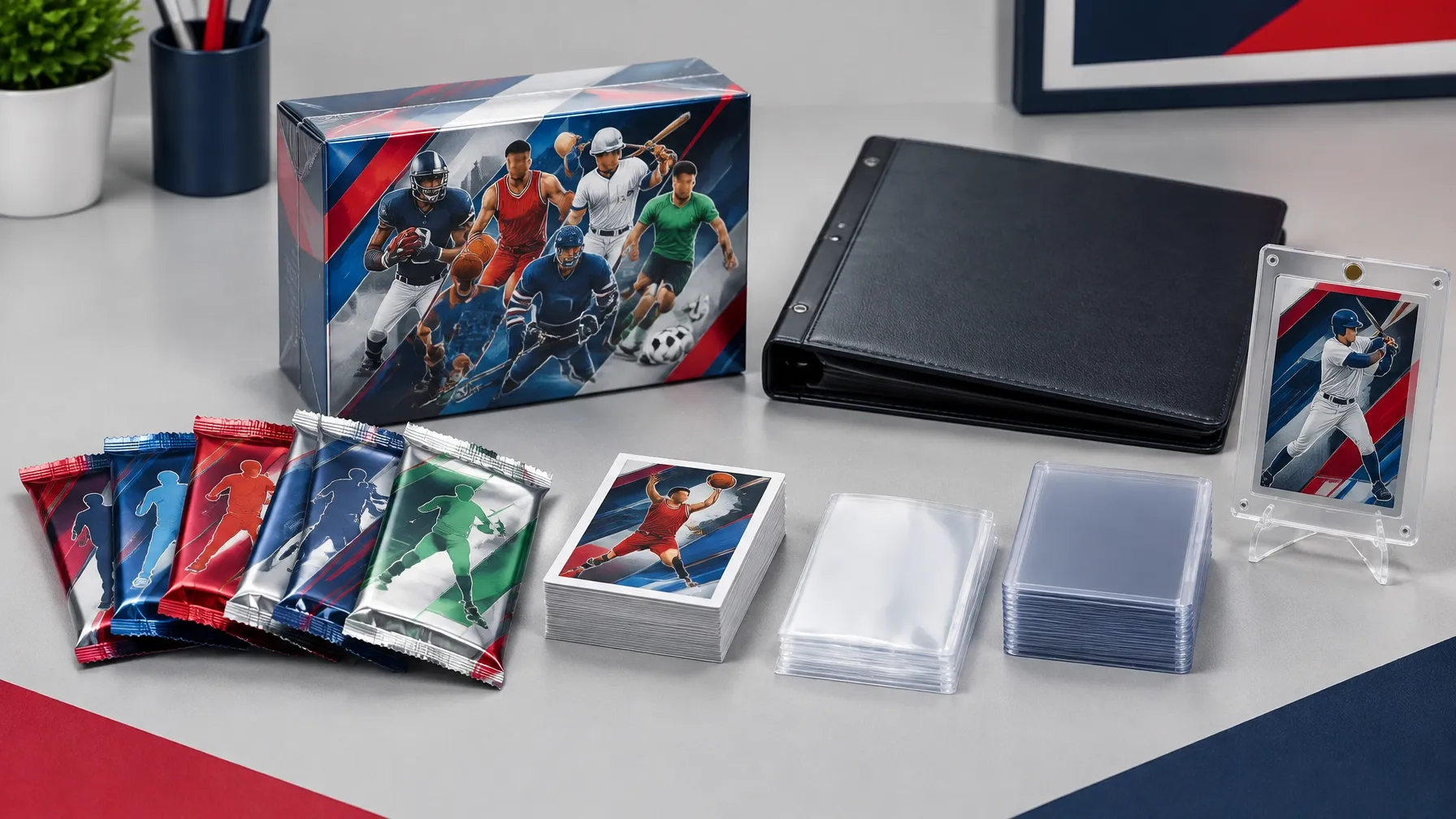 A collector starter kit arranged with trading card packs, cards, sleeves, holders and a binder